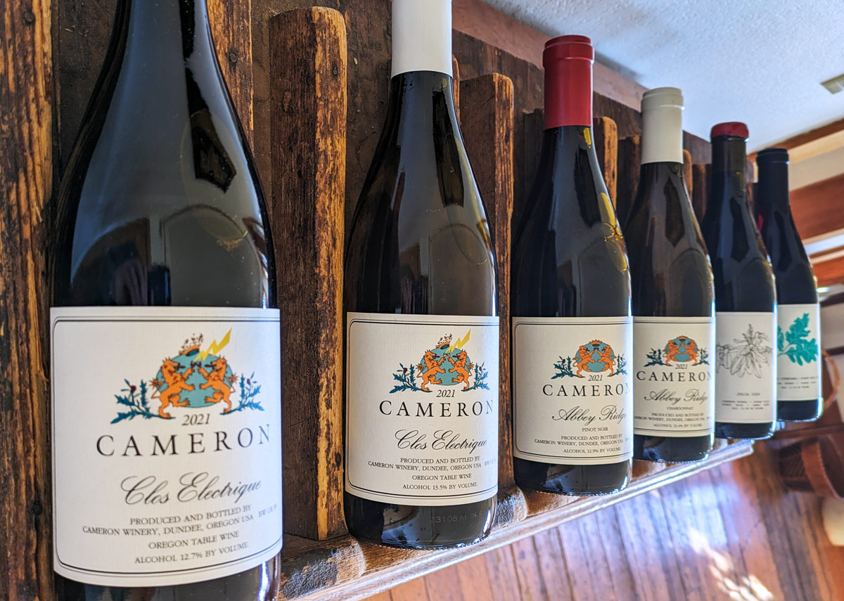 The Cameron Winery lineup: Pinot noir, Chardonnay, Nebbiolo and a blend of white Italian varietals in Dundee, Oregon